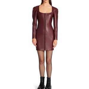 New Betsey Johnson JL408482 Burgundy Corset Hook Front Vegan Leather Dress Sz 2